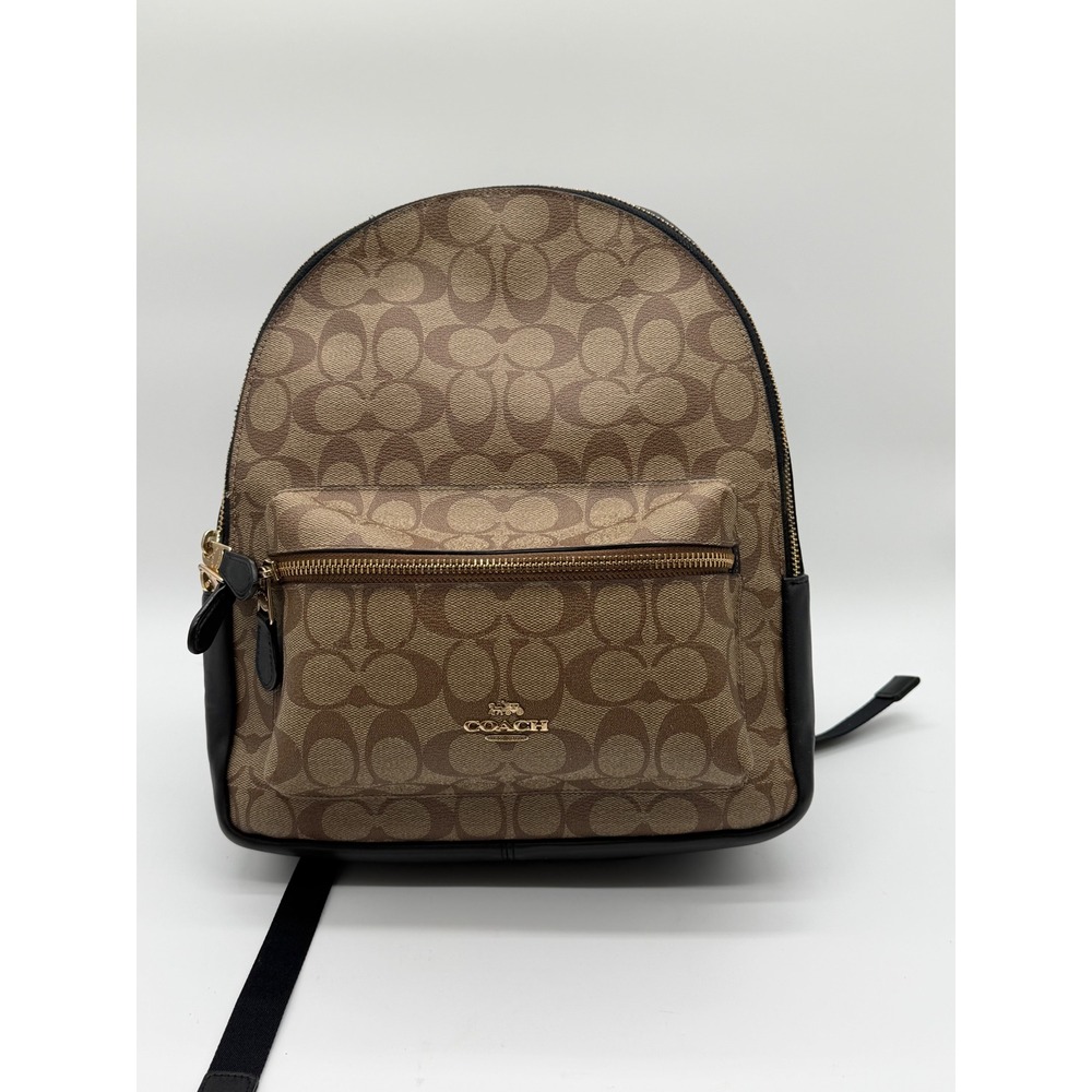 Coach Jordyn Backpack Signature Canvas Black Khaki Gold Hardware